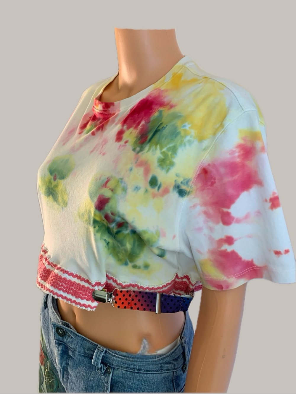 Upcycled Multi Color Tie Dye T-Shirt featuring Trimmed Bottom and Suspenders